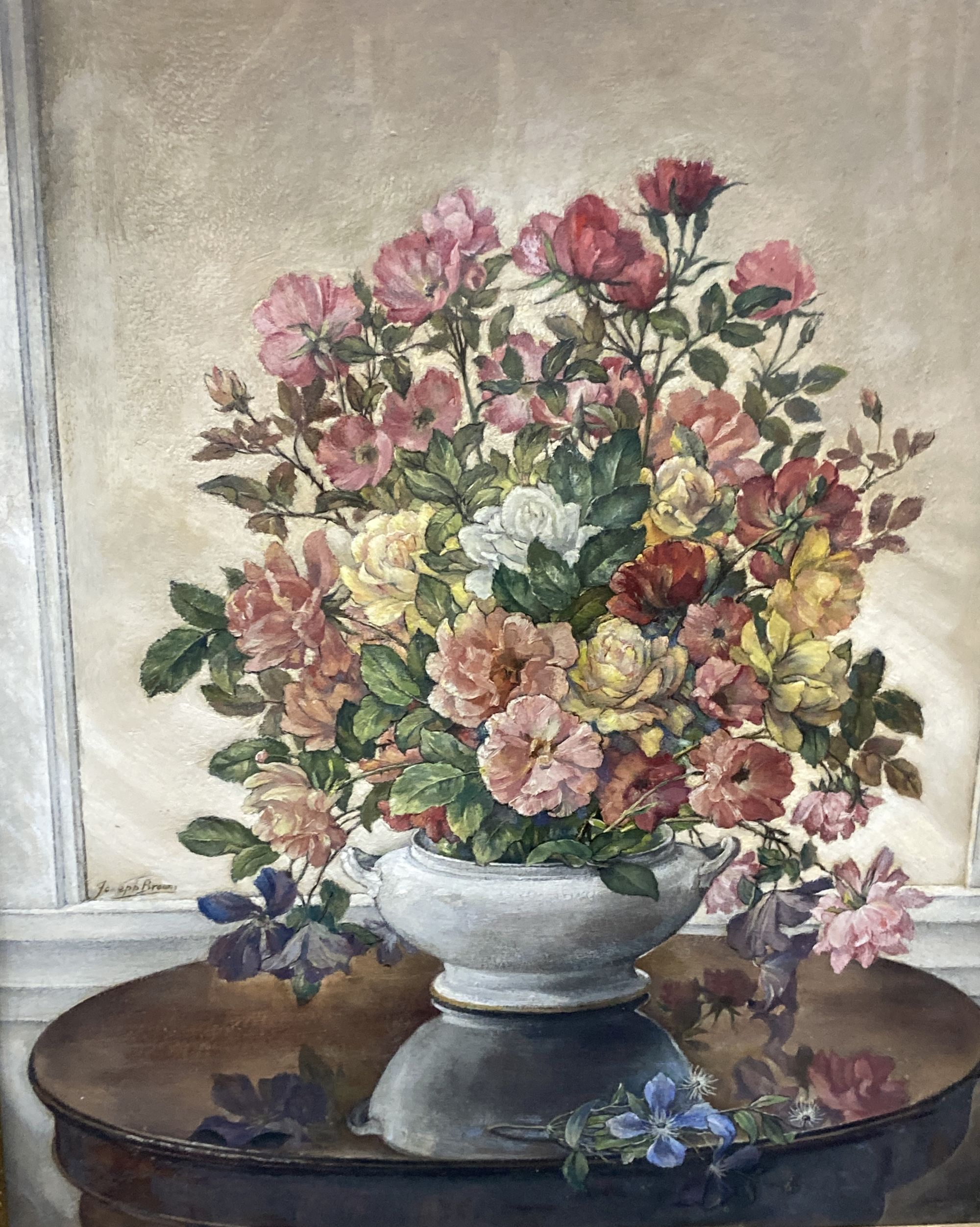 Joseph Brown, oil on card, Still life of flowers upon a tabletop, signed, 75 x 63cm